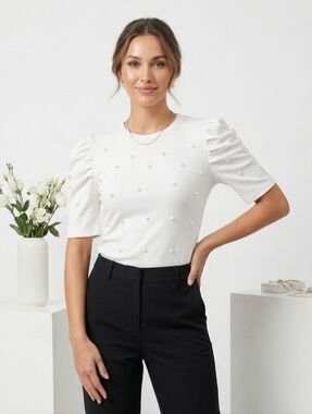 JustVH White Pearlescent Beaded Bubble Sleeve T-Shirt Top